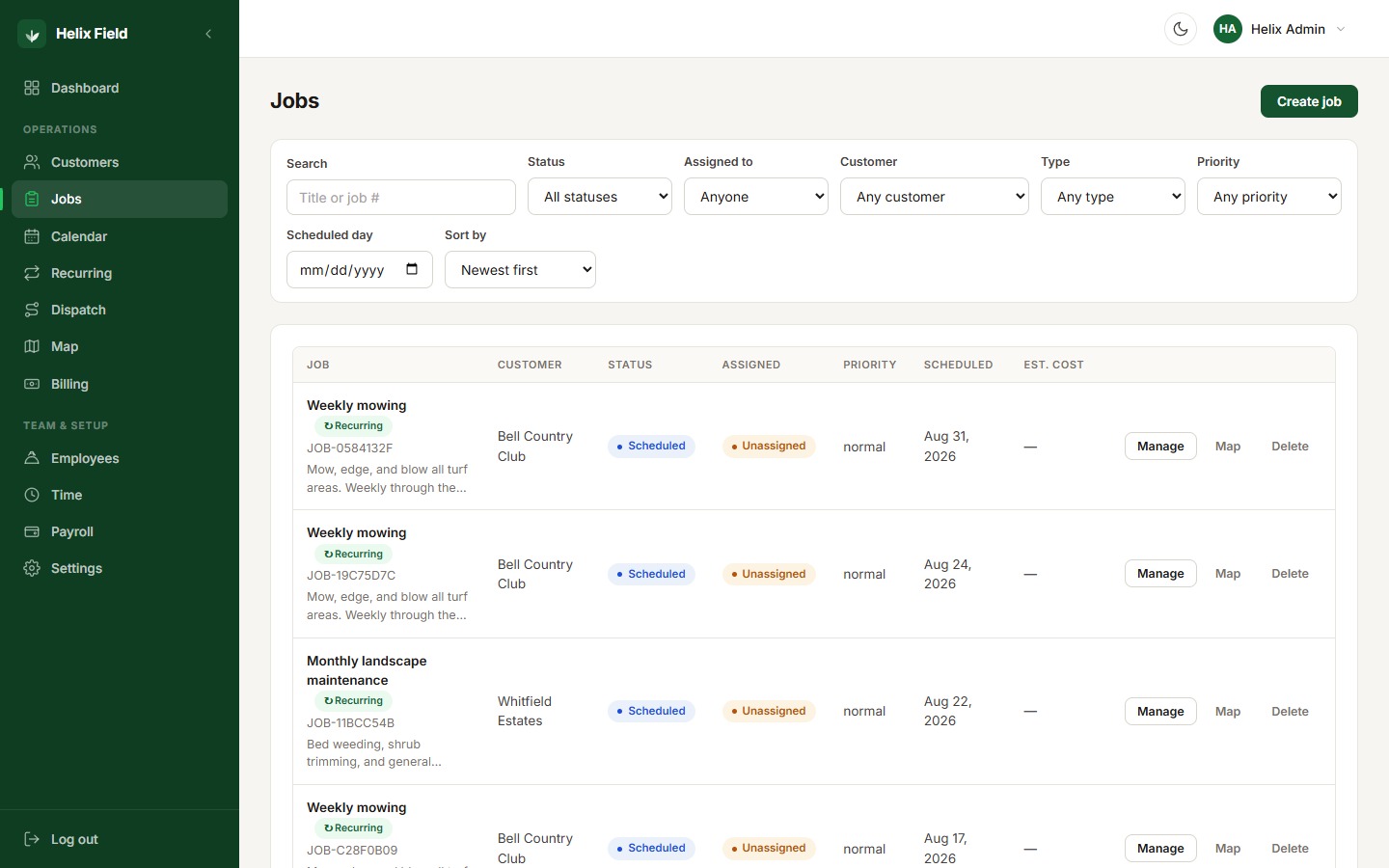 Helix Field jobs list showing scheduled recurring maintenance visits