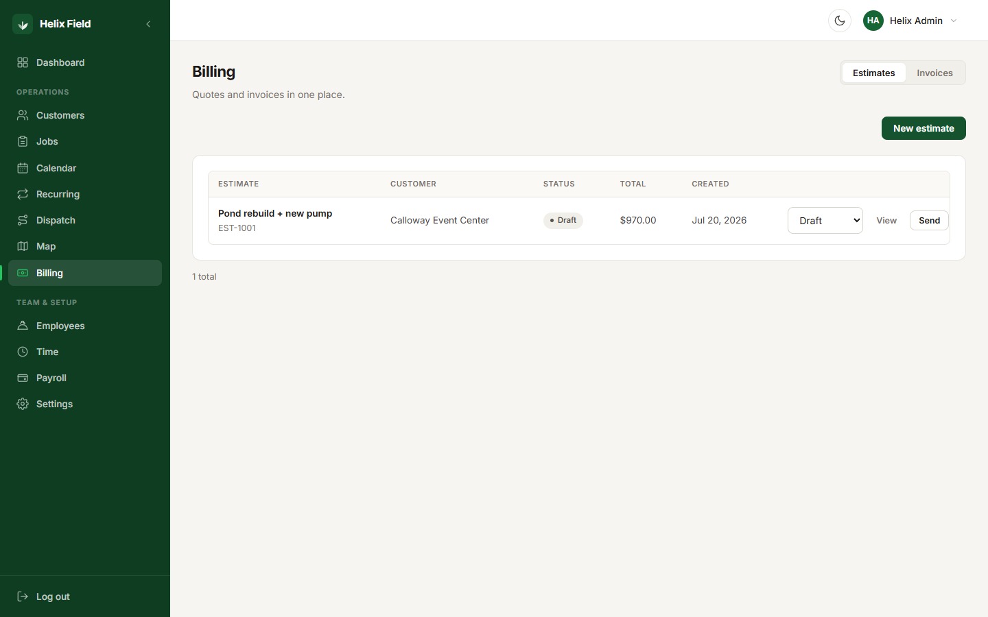 Helix Field billing screen with an estimate ready to send