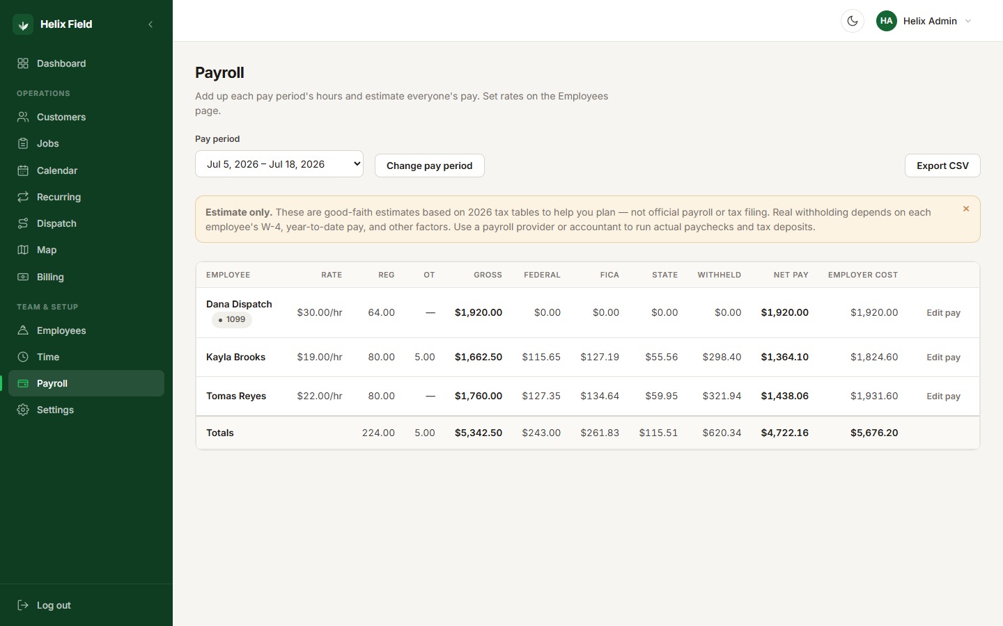 Helix Field billing screen with invoices and payments