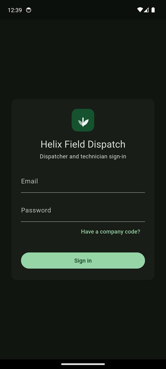 Helix Field mobile app sign-in for landscaping crews