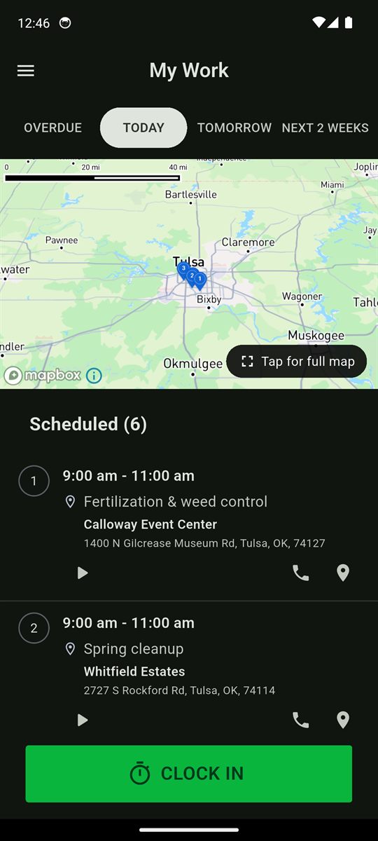 Helix Field mobile app showing the day's route in order