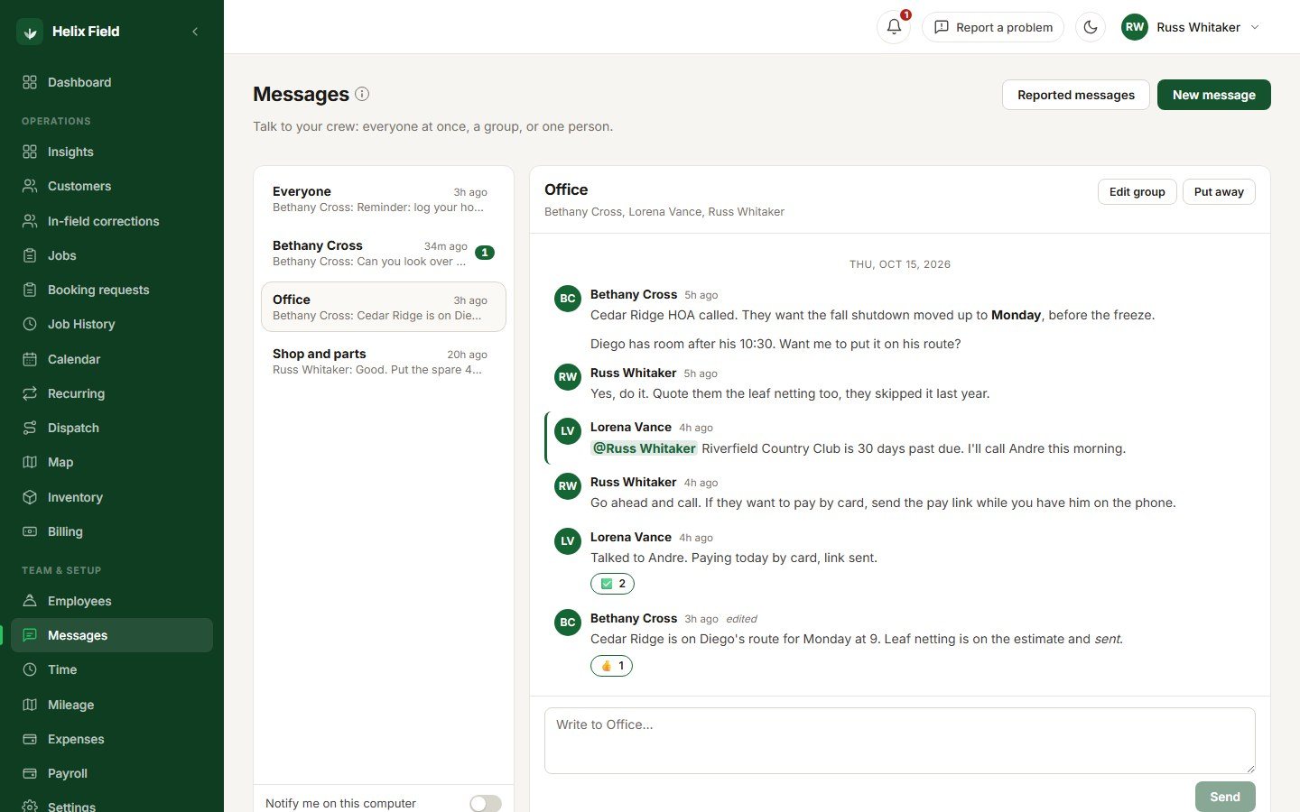 Helix Field office app Messages page with the Office group open: a schedule change, an @ mention, an edited message and reactions, beside the list of conversations